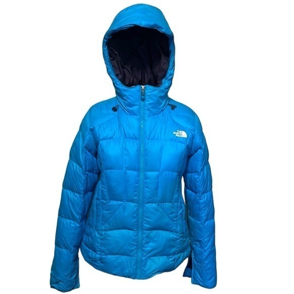 The North Face Goose down puffer full zip jacket, color is blue, women’s small - Picture 1 of 16